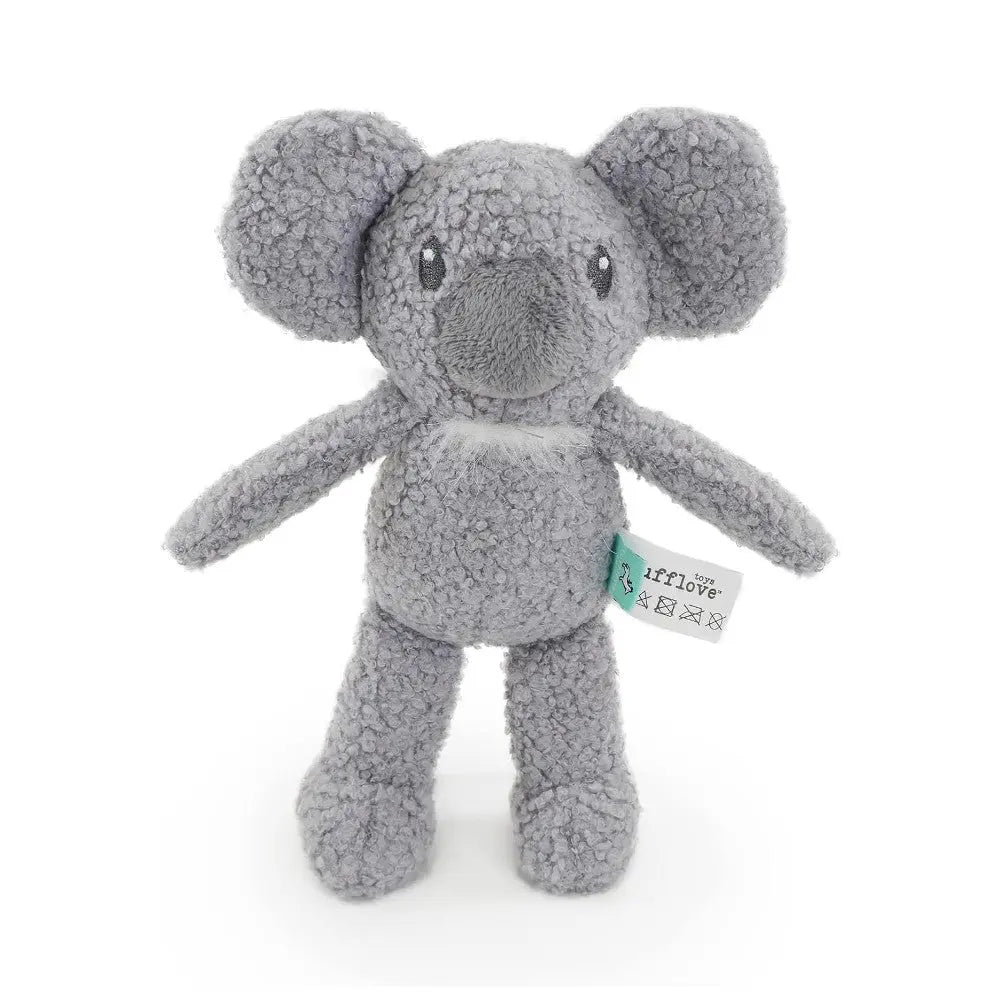 Soft gray elephant plush toy with cute features, perfect for cuddling and playtime.