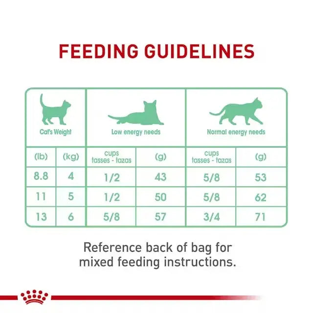 Feeding guidelines chart for cats based on weight and energy needs.