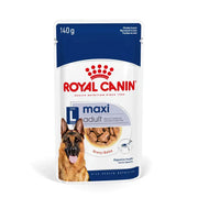 Royal Canin Maxi Adult dog food pouch with gravy for digestive health and balanced nutrition.