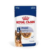 Royal Canin Maxi Ageing dog food pouch with chunks in gravy for senior large breed dogs.