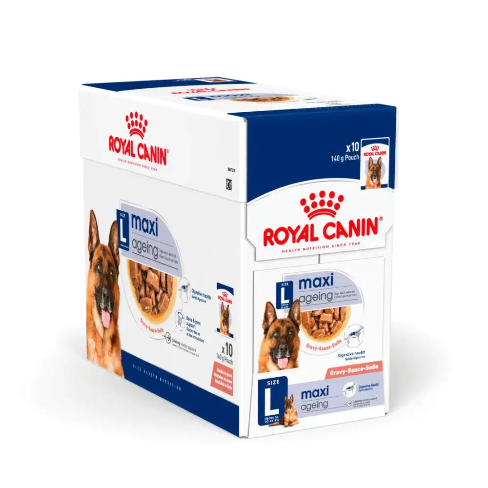 Royal Canin Maxi Ageing dog food box with pouches for senior large breed dogs, featuring a nutritious gravy sauce.