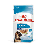 Royal Canin Puppy Maxi food pouch for dogs aged 2-15 months, featuring nutritious ingredients and feeding guide.