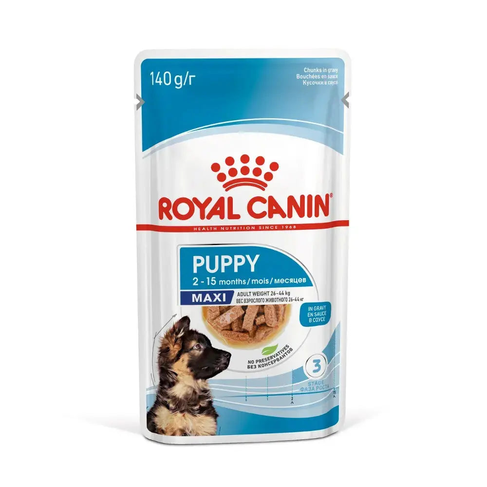 Royal Canin Puppy Maxi food pouch for dogs aged 2-15 months, featuring nutritious ingredients and feeding guide.