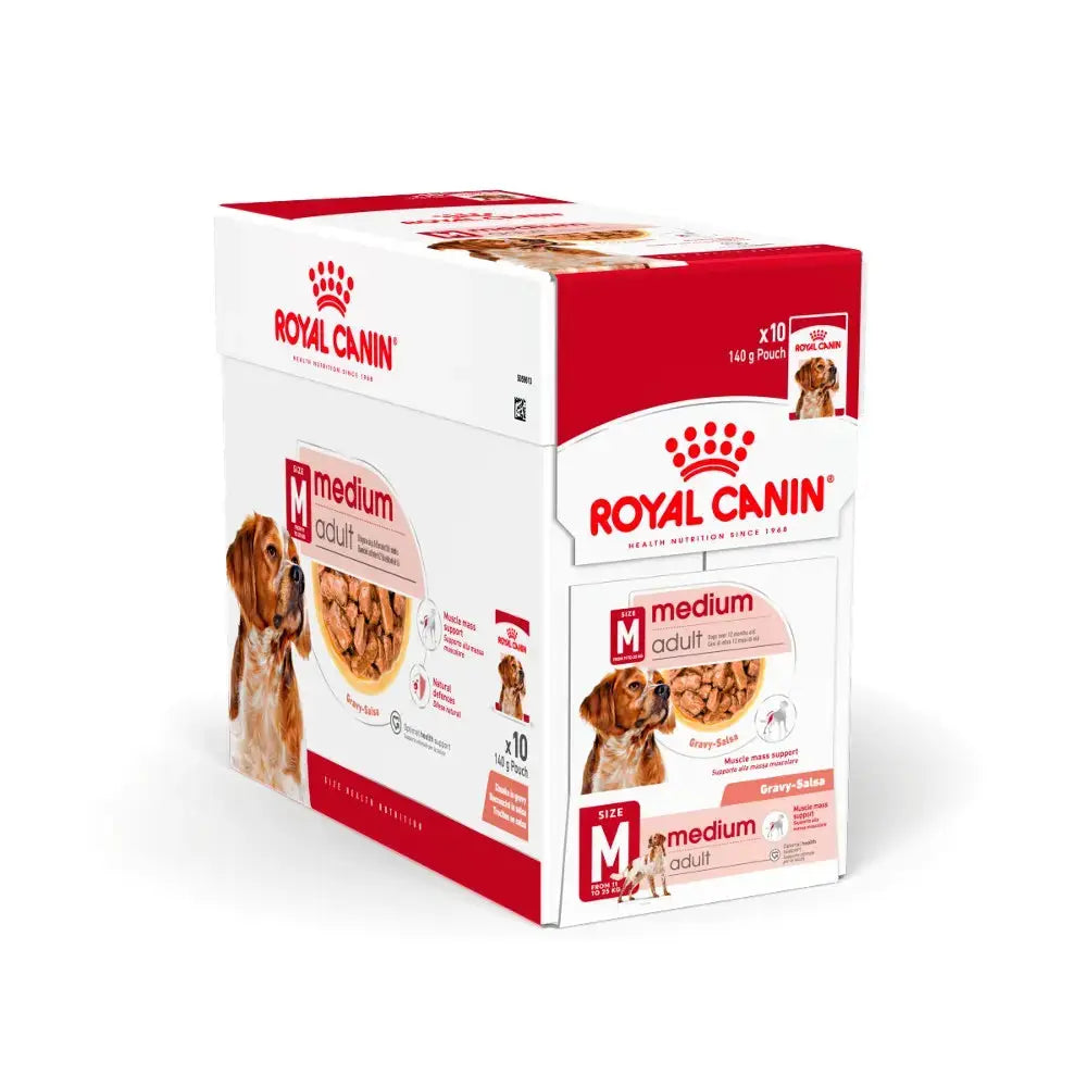 Royal Canin Medium Adult dog food packaging with 10 pouches for balanced nutrition and tasty gravy.