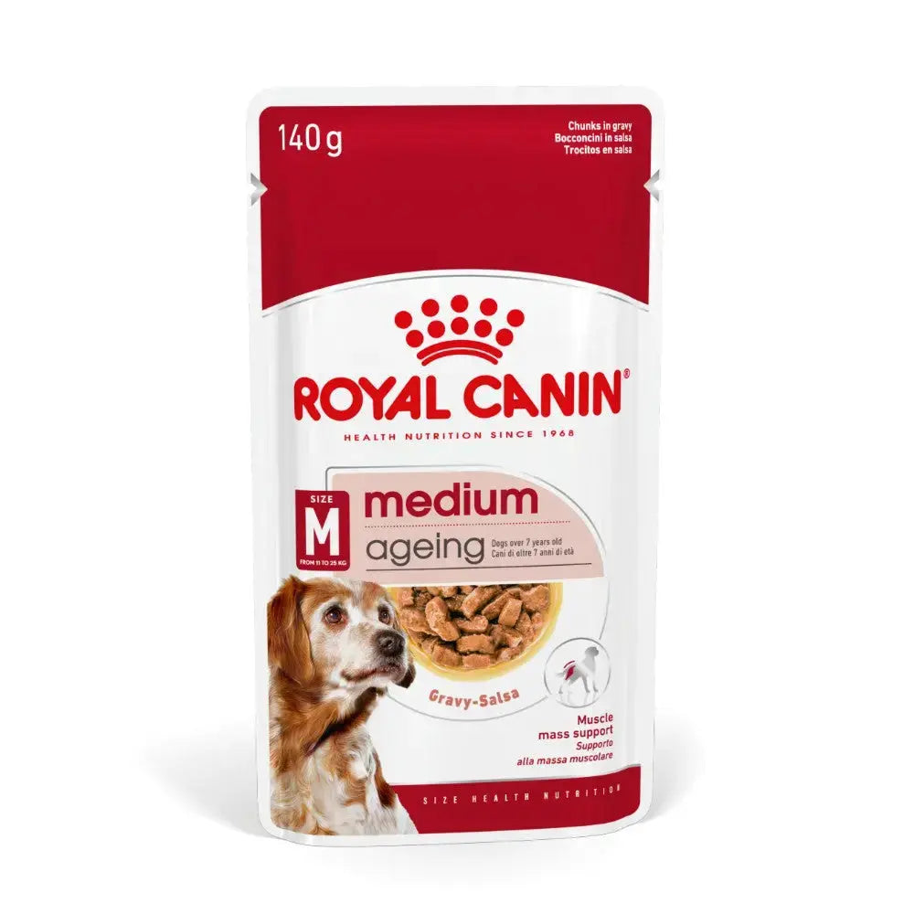 Royal Canin Medium Ageing dog food pouch with gravy, designed for dogs over 7 years old.