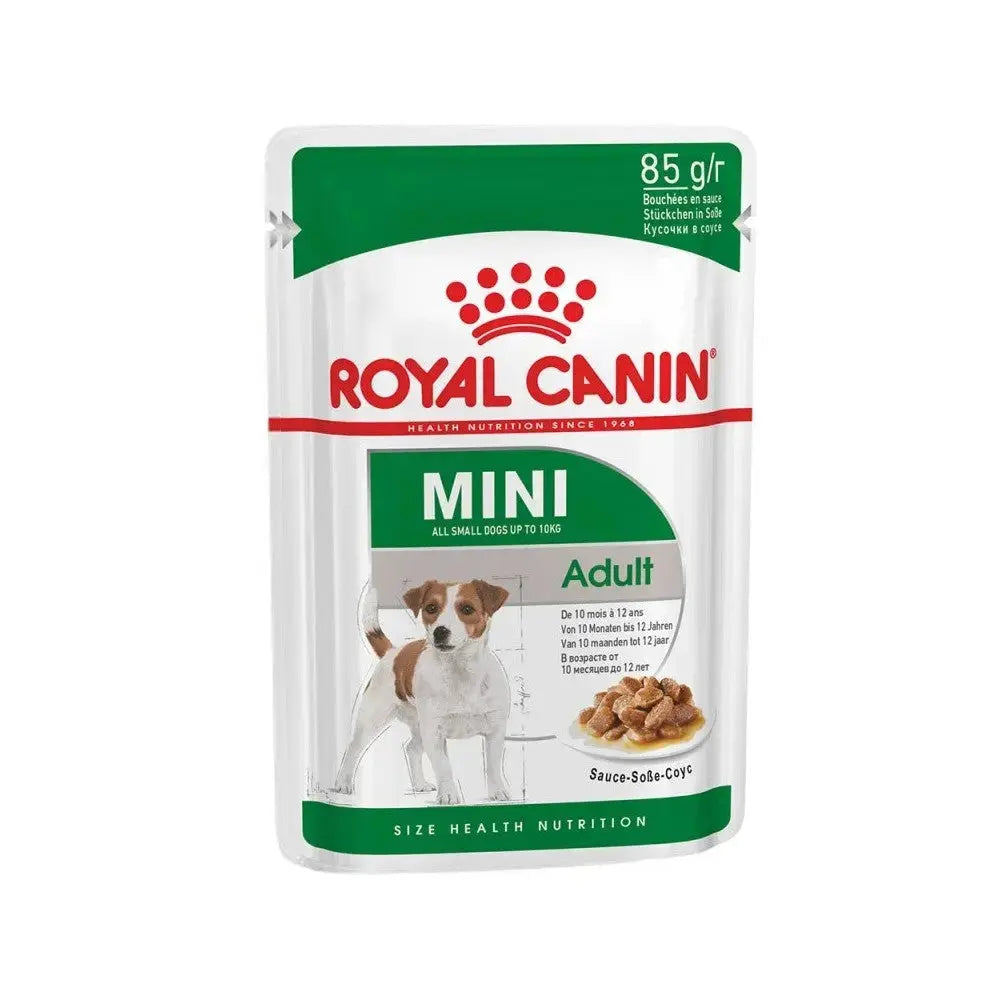 Royal Canin Mini Adult dog food pouch for small dogs, featuring a nutritious blend for optimal health.