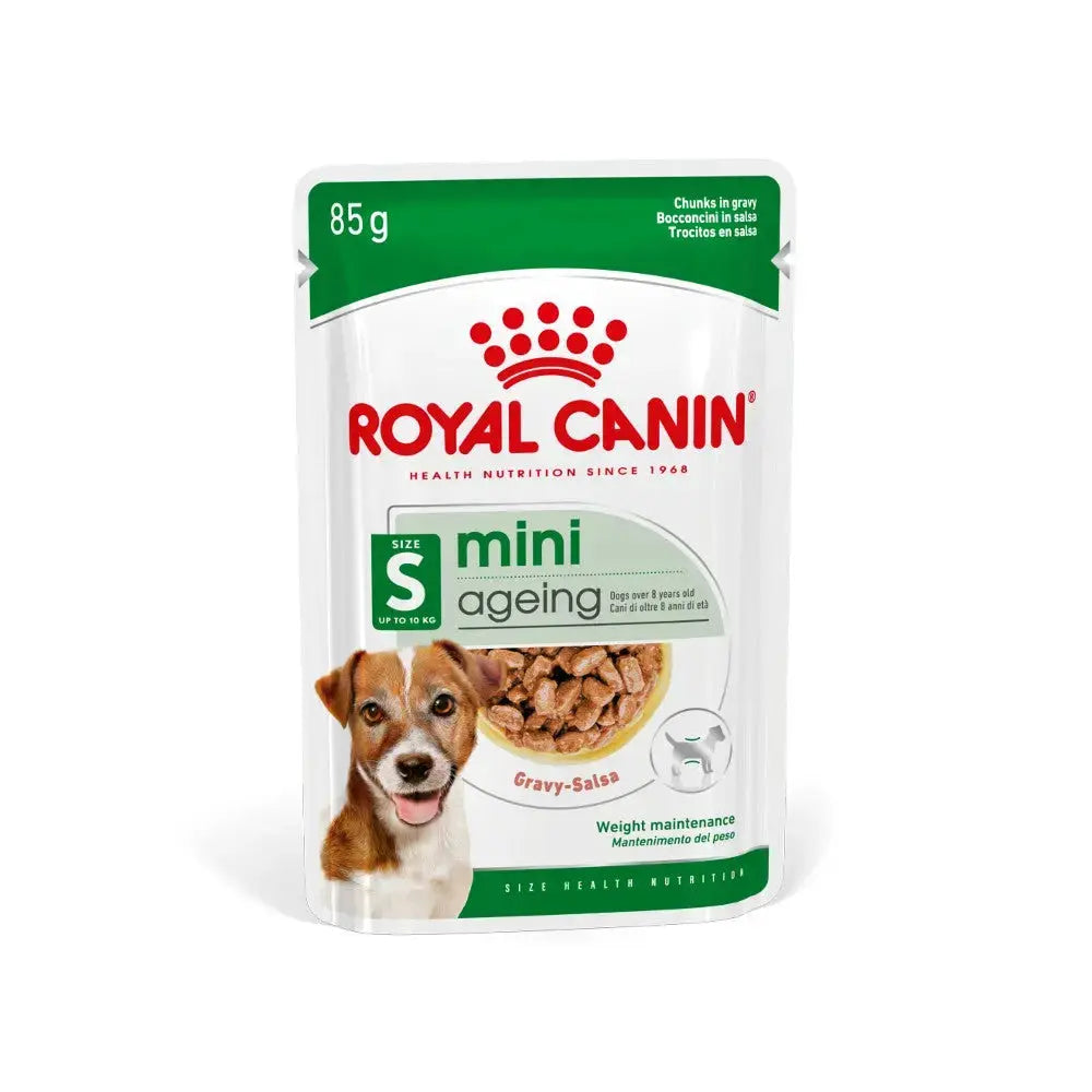 Royal Canin mini ageing dog food pouch with chunks in gravy for weight maintenance and health nutrition.