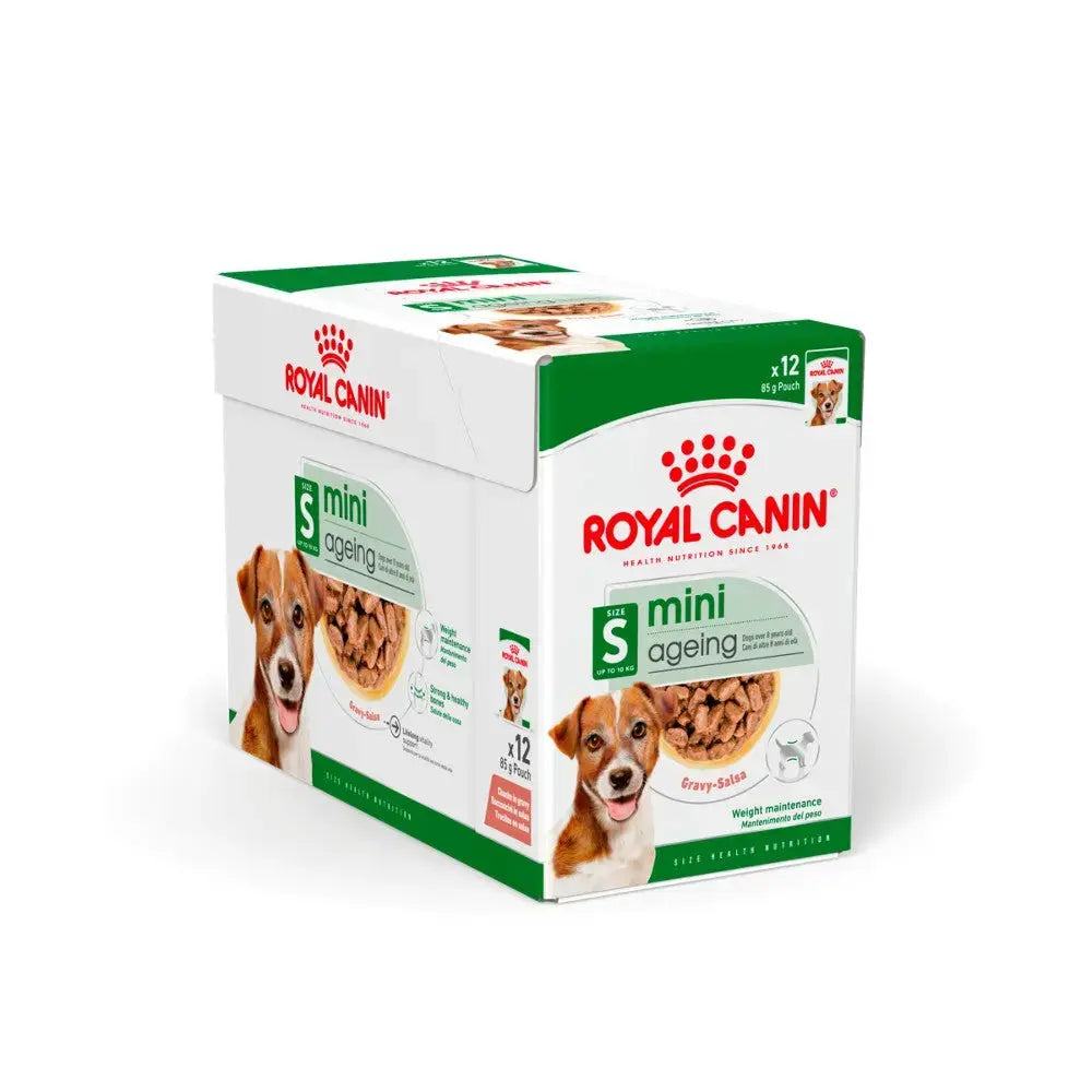 Royal Canin Mini Ageing dog food packaging, designed for senior small breed dogs' health and nutrition.