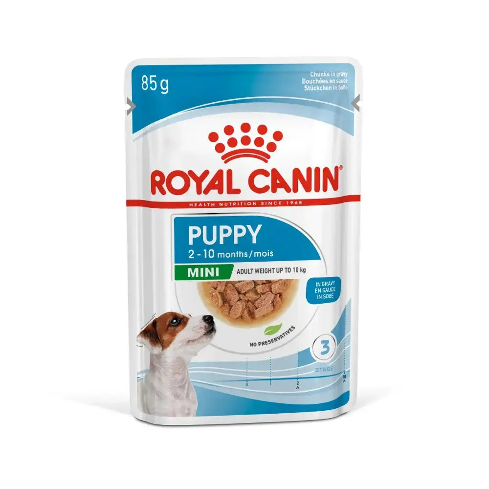 Royal Canin puppy food pouch for small breeds, suitable for 2-10 months, with no preservatives.