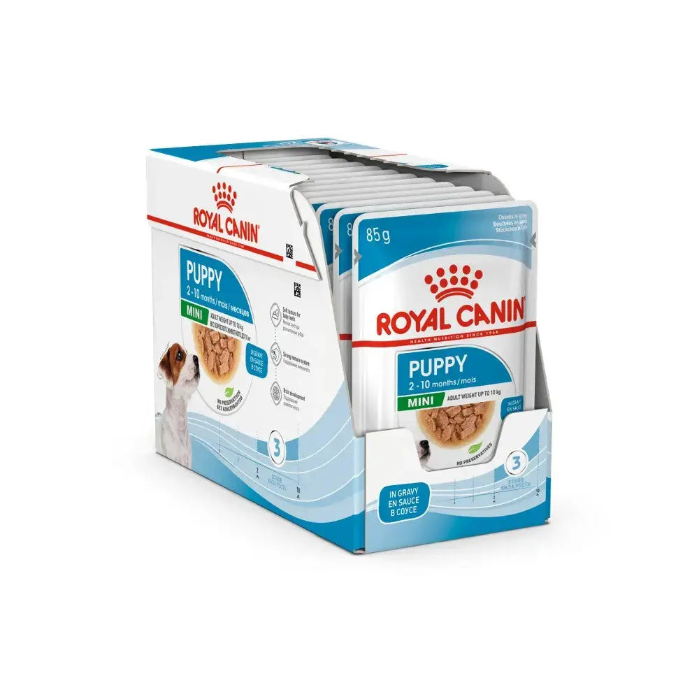 Royal Canin puppy food packaging with 85g pouches for small breed puppies aged 2-10 months.