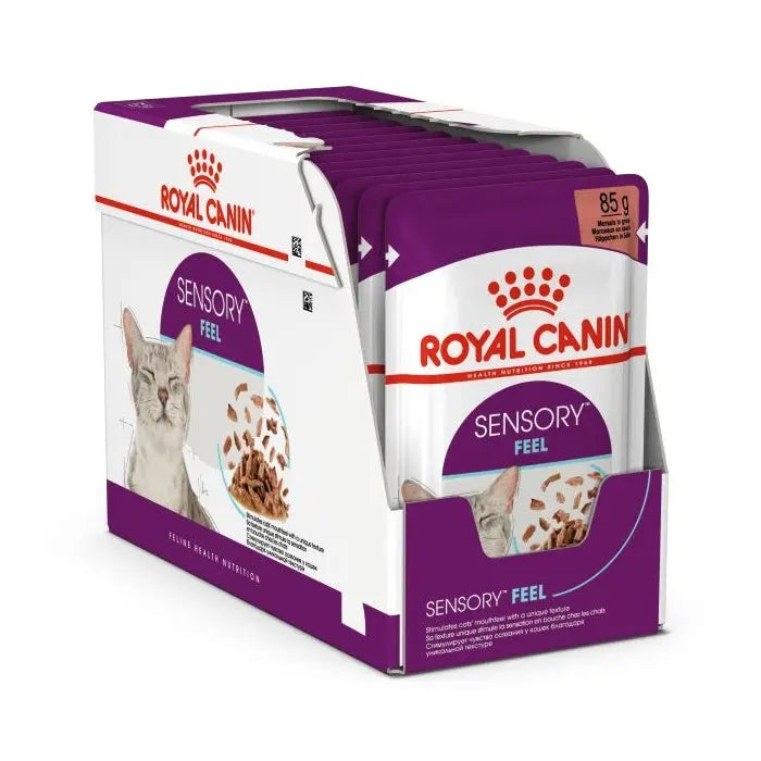Royal Canin Sensory Feel cat food pouches in a convenient display box for optimal feline nutrition.