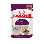 Royal Canin Sensory Feel cat food pouch with tender morsels for enhanced feline nutrition.