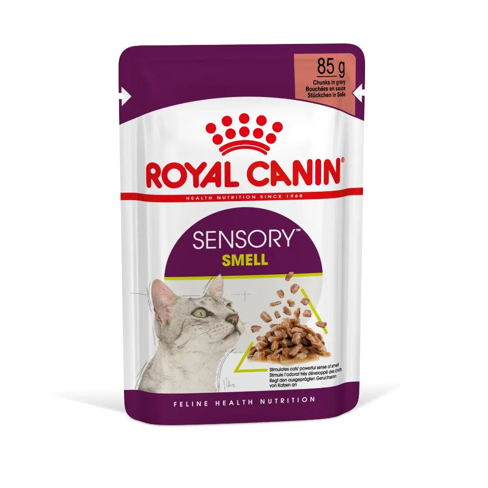 Royal Canin Sensory Smell cat food pouch, 85g, designed to enhance feline eating experience.