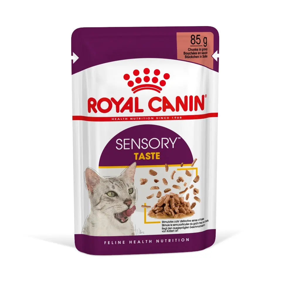 Royal Canin Sensory Taste cat food pouch with kibble and gravy for enhanced feline nutrition.
