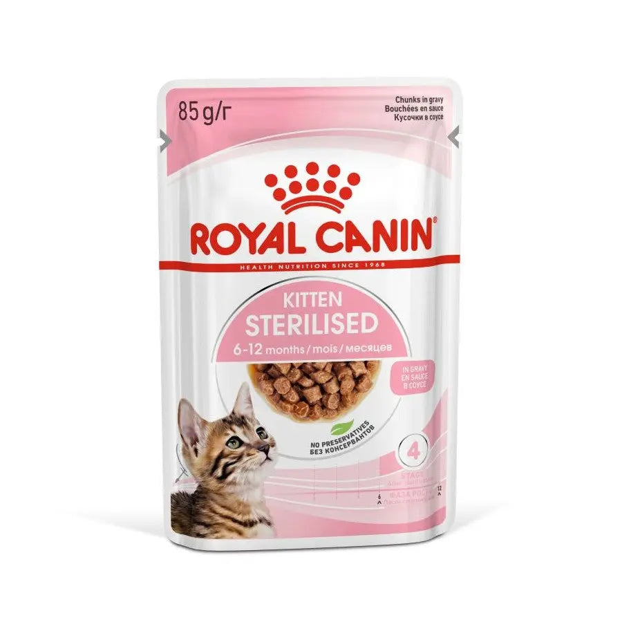 Royal Canin kitten sterilized food pouch, 85g, designed for 6-12 months old kittens.