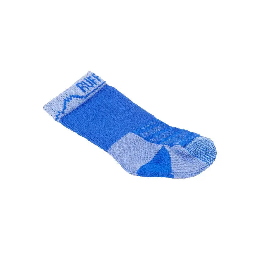 Blue athletic sock with a mountain design, perfect for running and outdoor activities.
