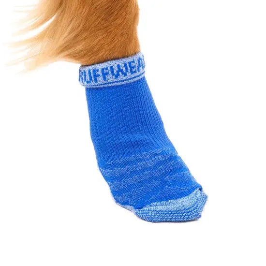 Blue dog sock with a soft knit design for paw protection and comfort.