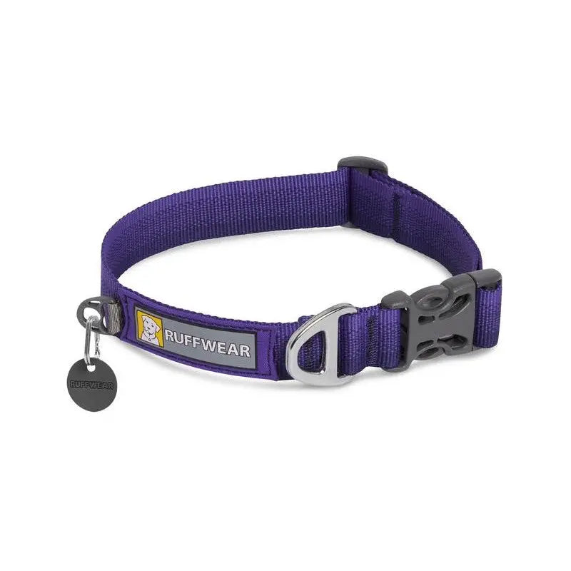 Durable purple dog collar by Ruffwear, designed for comfort and safety during walks.
