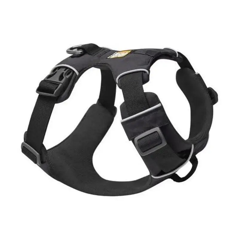 Durable black dog harness designed for comfort and secure control during walks.