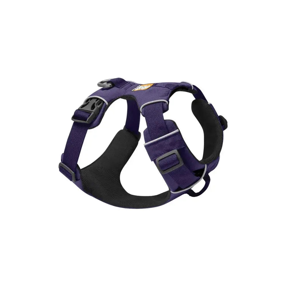 Purple dog harness with adjustable straps for comfort and secure fit.