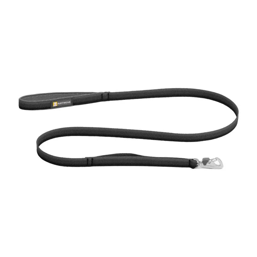 Durable black dog leash with comfortable grip and secure metal clip for safe walks.