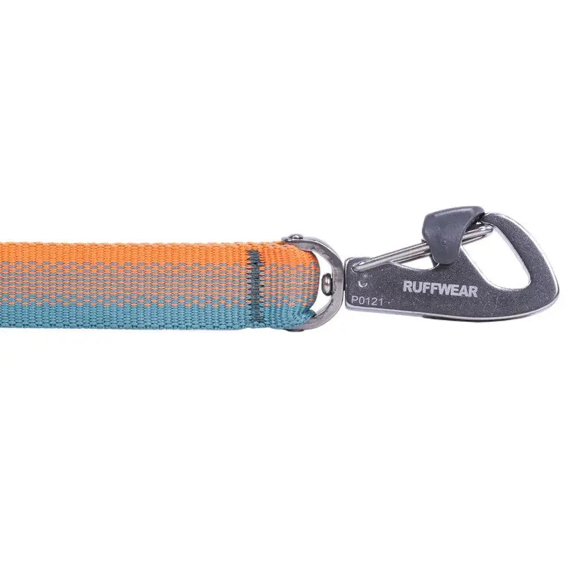 Ruffwear dog leash with a durable clip and vibrant orange and blue design for outdoor adventures.