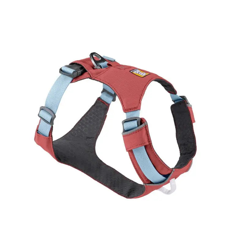 Durable dog harness in red and blue, designed for comfort and secure fit during walks.