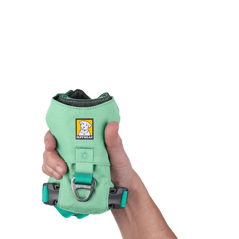 Ruffwear dog harness in mint green, designed for comfort and safety during outdoor adventures.