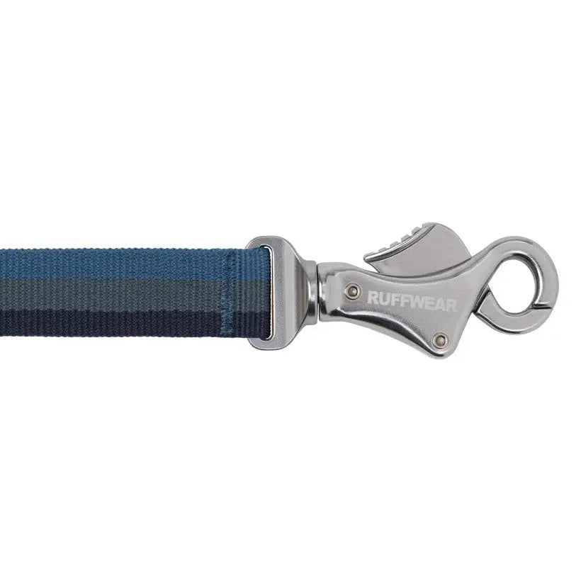 Durable Ruffwear dog leash with a secure clip and stylish blue striped design.