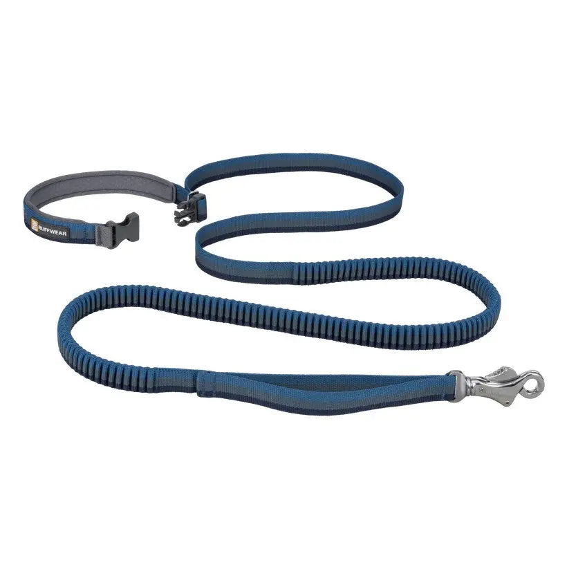 Durable blue dog leash with adjustable handle and bungee design for comfortable walks.
