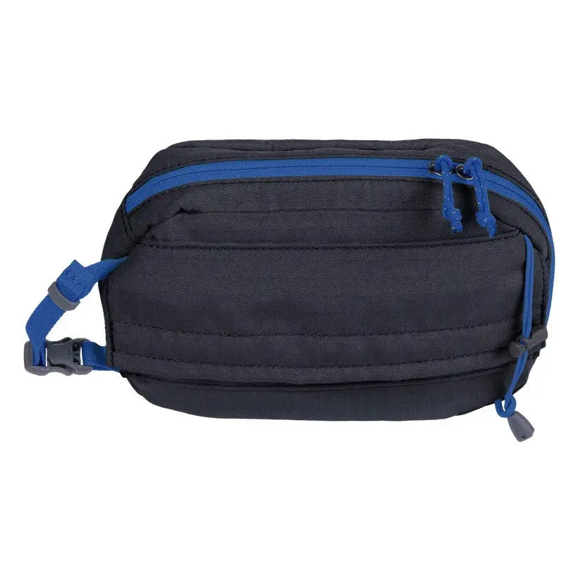 Compact black travel pouch with blue zippers for organizing essentials.