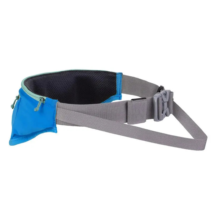 Blue running belt with adjustable strap and zippered pocket for convenient storage during workouts.