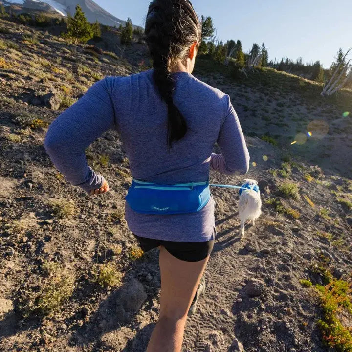 Woman jogging with a small dog in a scenic outdoor setting, wearing a blue waist pack.