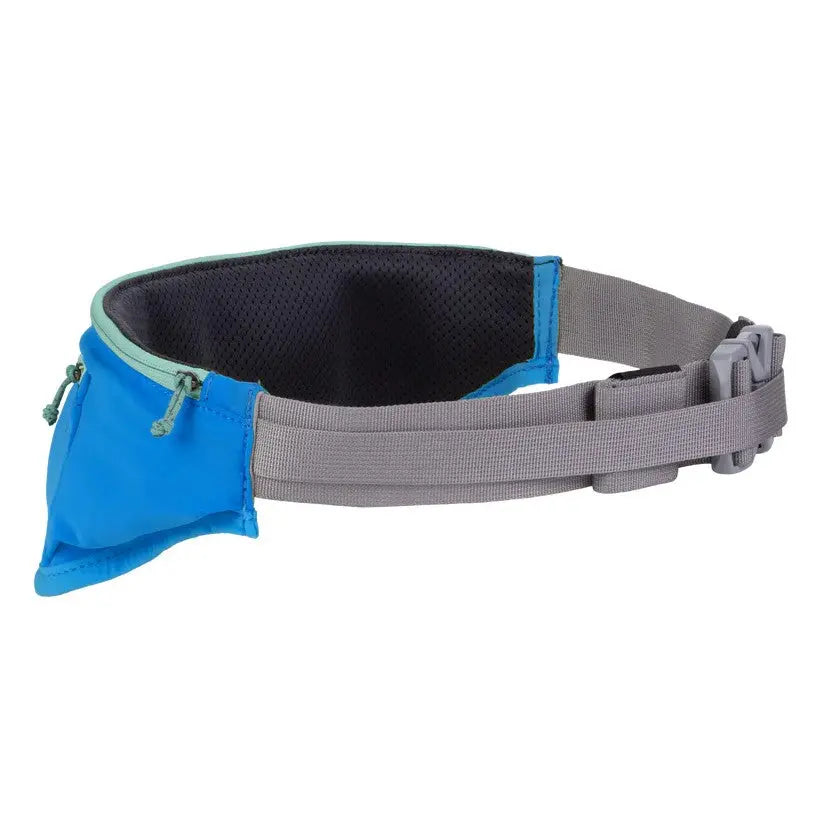 Blue running belt with adjustable strap and mesh pocket for convenient storage during workouts.