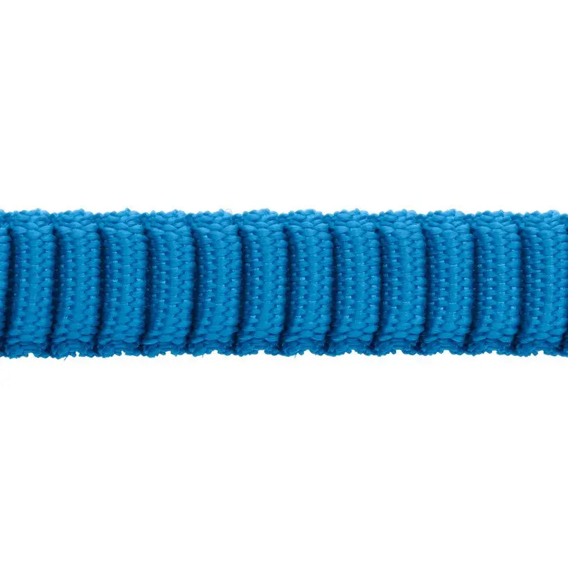 Bright blue nylon rope with a textured surface, ideal for outdoor activities and crafting projects.