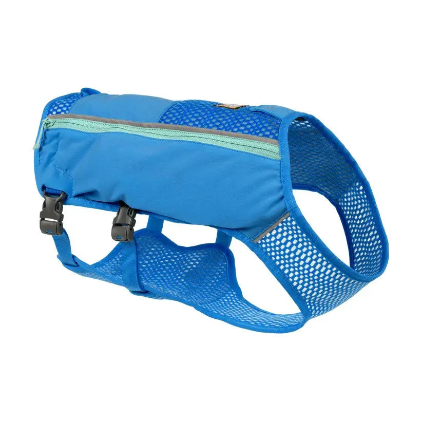 Blue dog life jacket with mesh design for safety and comfort during water activities.