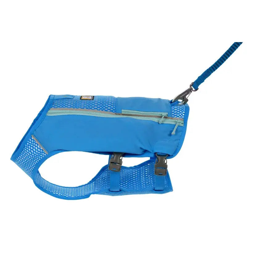 Blue dog harness with mesh design and adjustable straps for comfort and safety.