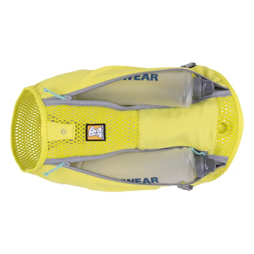 Yellow hydration pack with dual water bottle compartments and breathable mesh design for outdoor activities.