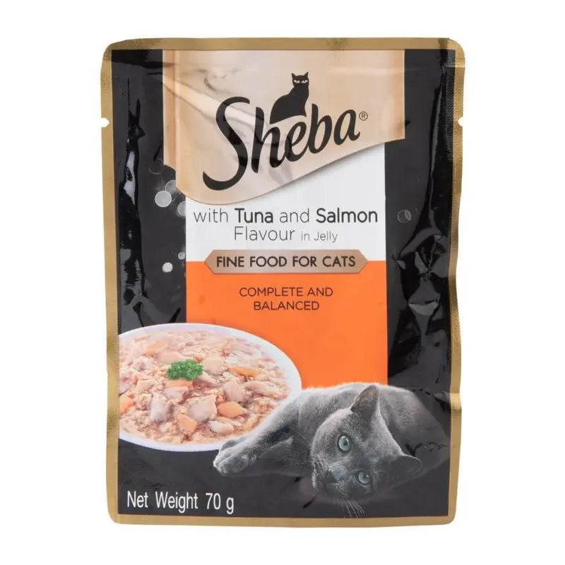 Sheba cat food pouch with tuna and salmon flavor in jelly, featuring a balanced meal for cats.