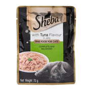 Sheba tuna flavor cat food pouch with jelly, complete and balanced nutrition for cats.