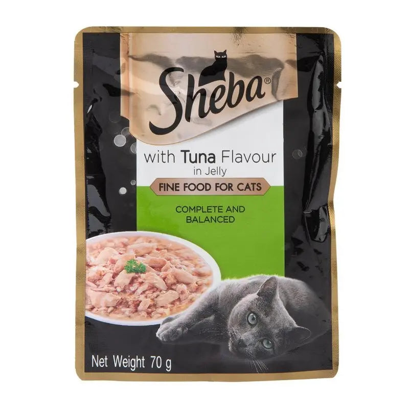 Sheba tuna flavor cat food pouch with jelly, complete and balanced nutrition for cats.