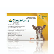 Simpirica chewable tablets for dogs, preventing ticks and fleas, with dosage instructions and packaging details.