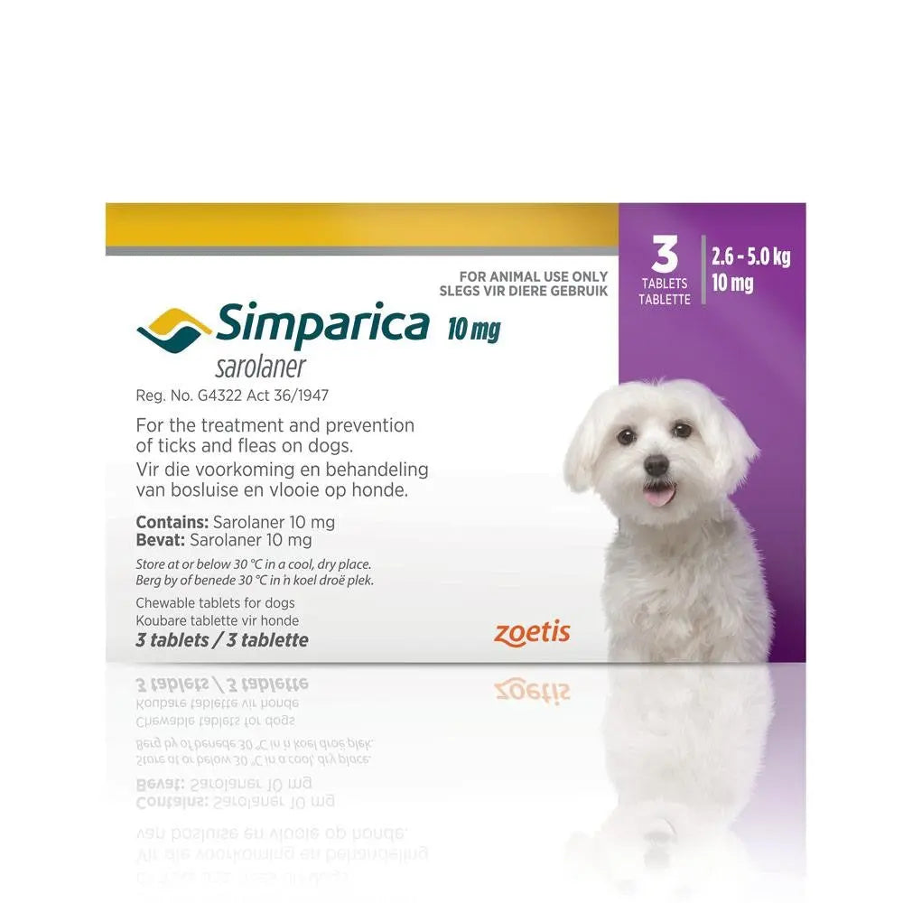 Simpatico 10 mg tablets for dogs, effective tick prevention and treatment, 3-count packaging.