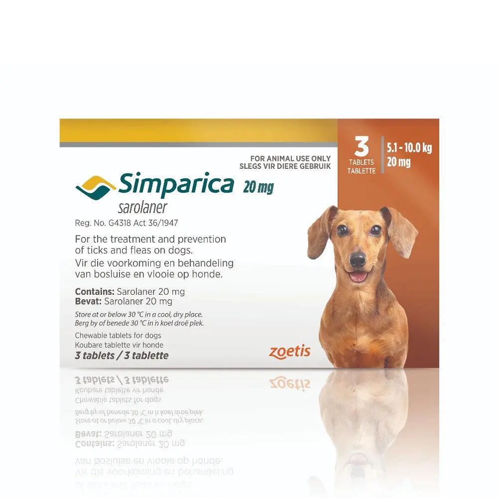 Simpatico 20 mg tablets for dogs, effective treatment for ticks and fleas, includes three tablets per pack.