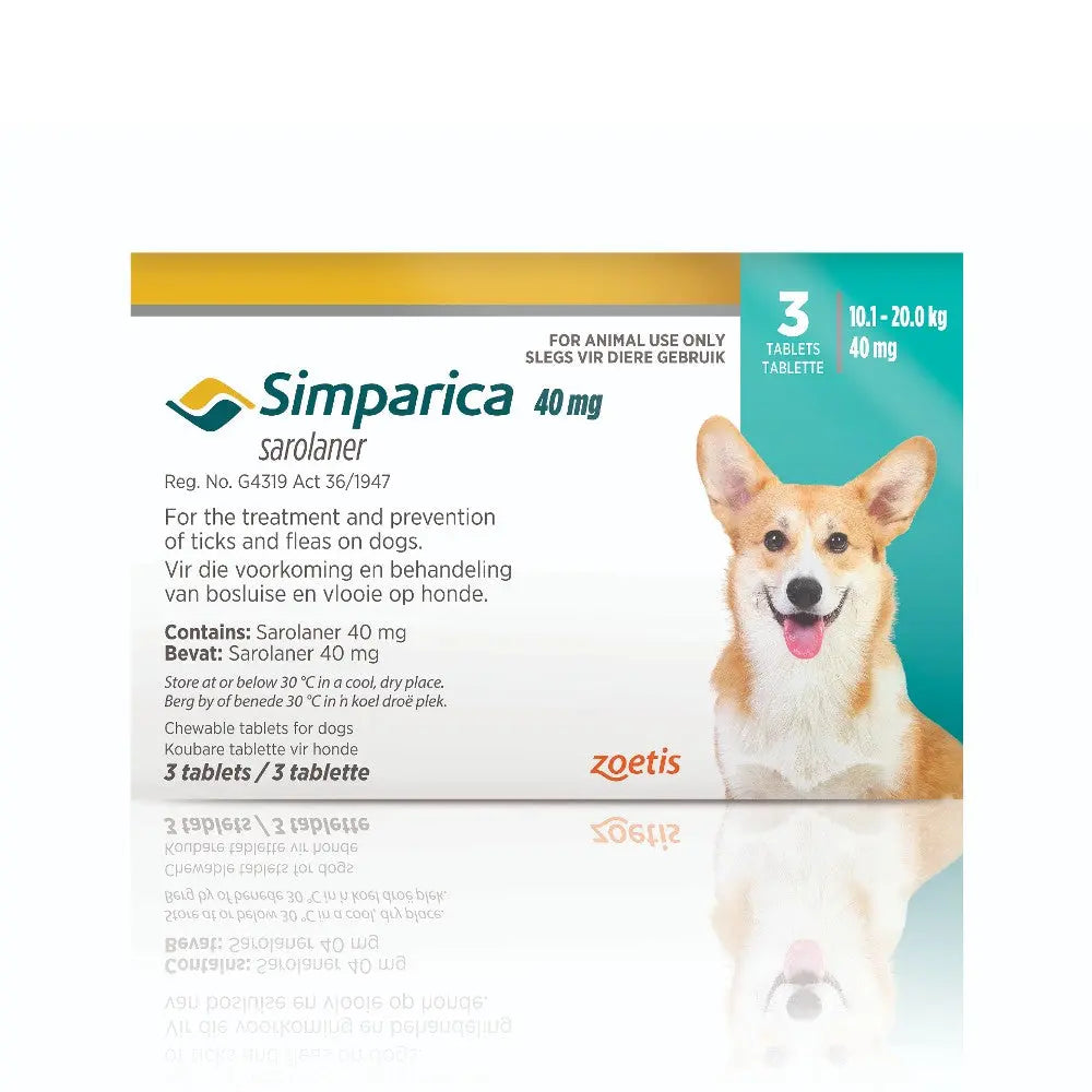 Simpatico 40 mg tablets for treating ticks and fleas in dogs, featuring a corgi on the packaging.