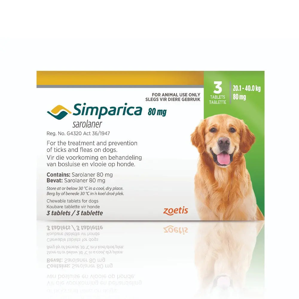 Simpirica 80 mg tablets for dogs, effective treatment for ticks and fleas, three-tablet packaging.