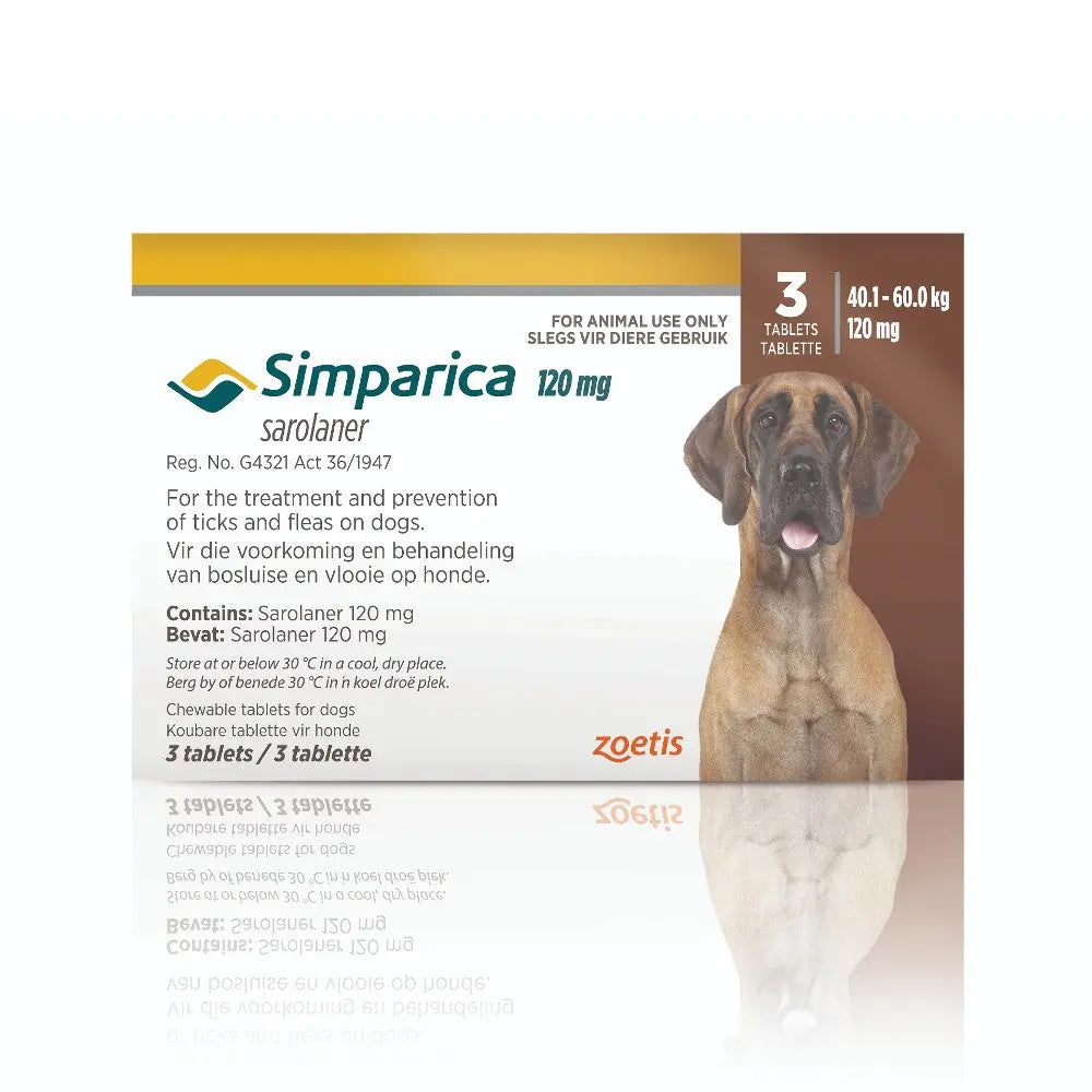 Simparica sarolaner tablets for dogs, effective against ticks and fleas, 3-count packaging.