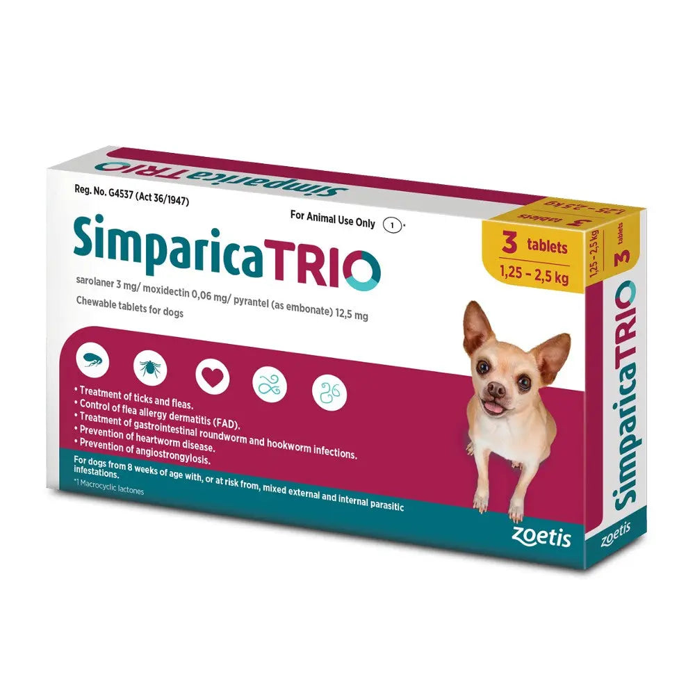 Simparica TRIO chewable tablets for dogs, effective against fleas, ticks, and intestinal parasites.
