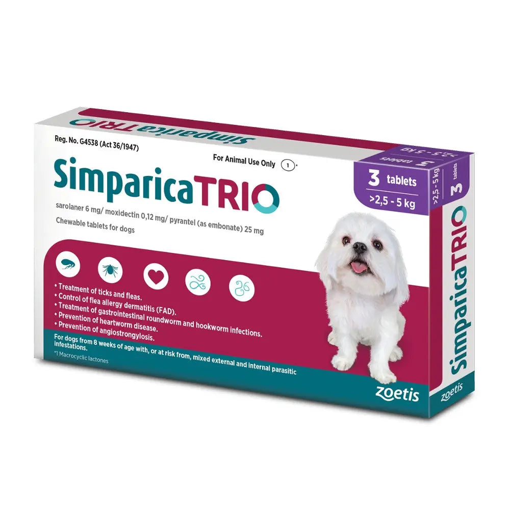 Simparica TRIO chewable tablets for dogs, effective against fleas, ticks, and intestinal parasites.