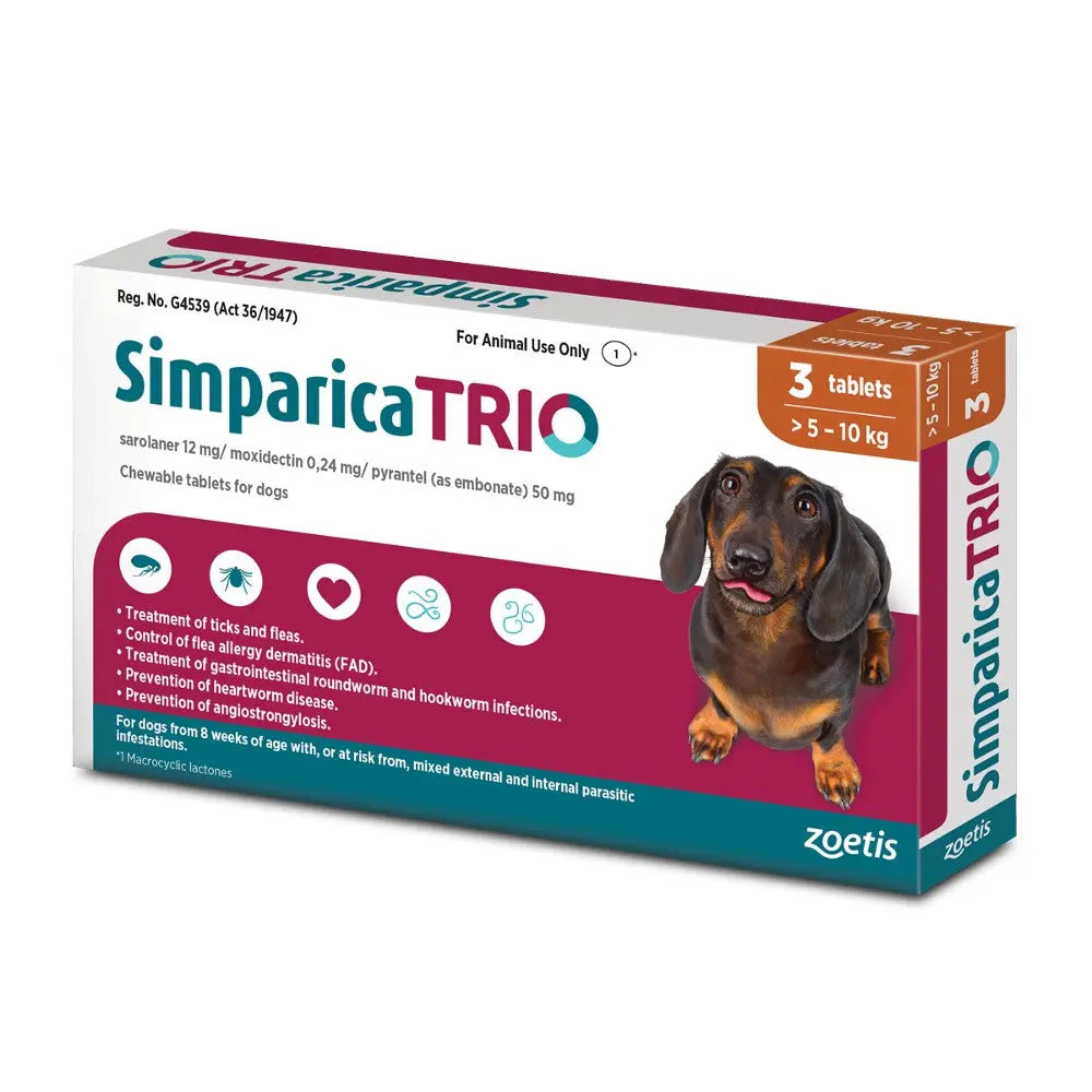 Simparica Trio chewable tablets for dogs, effective against fleas, ticks, and intestinal parasites.